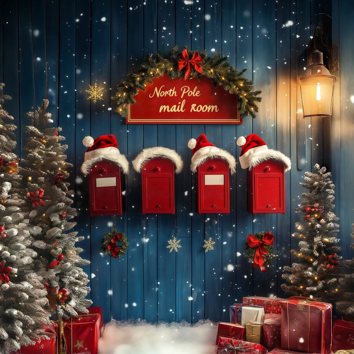 Décor De Noël Du Pôle Nord Mur De Boîte Aux Lettres Enneigé Fond Photo De Noël RR68-69