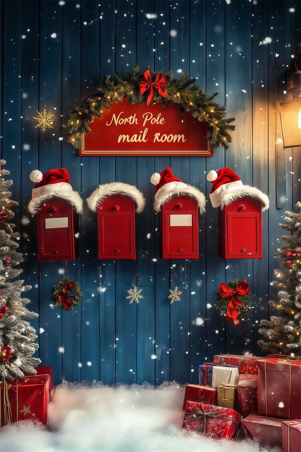 Décor De Noël Du Pôle Nord Mur De Boîte Aux Lettres Enneigé Fond Photo De Noël RR68-69
