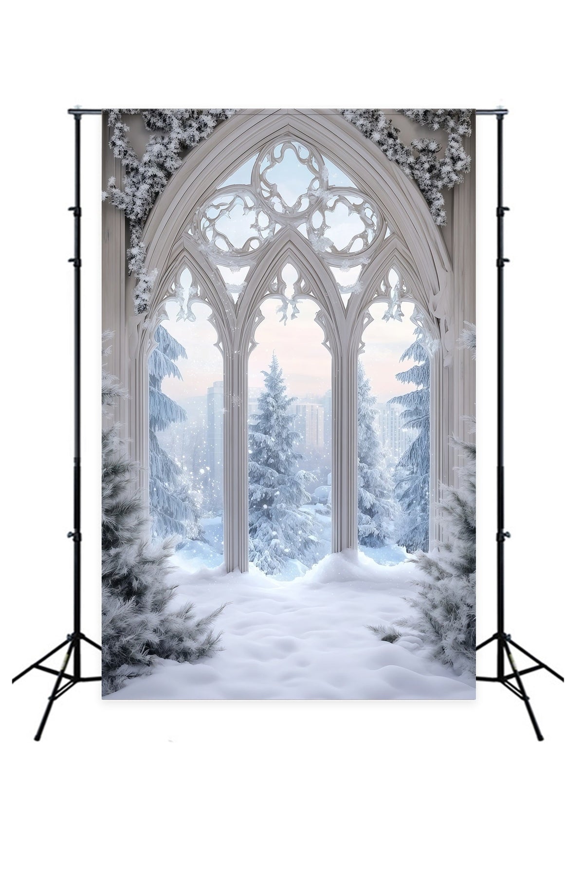 Décor De Neige De Noël Fenêtre Gothique Dépolie Décor Photo De Noël RR68-71