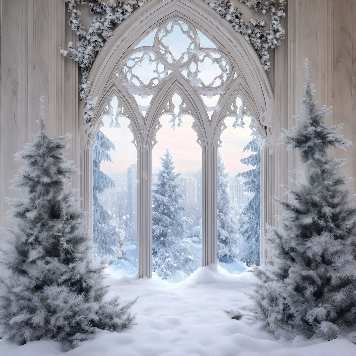 Décor De Neige De Noël Fenêtre Gothique Dépolie Décor Photo De Noël RR68-71