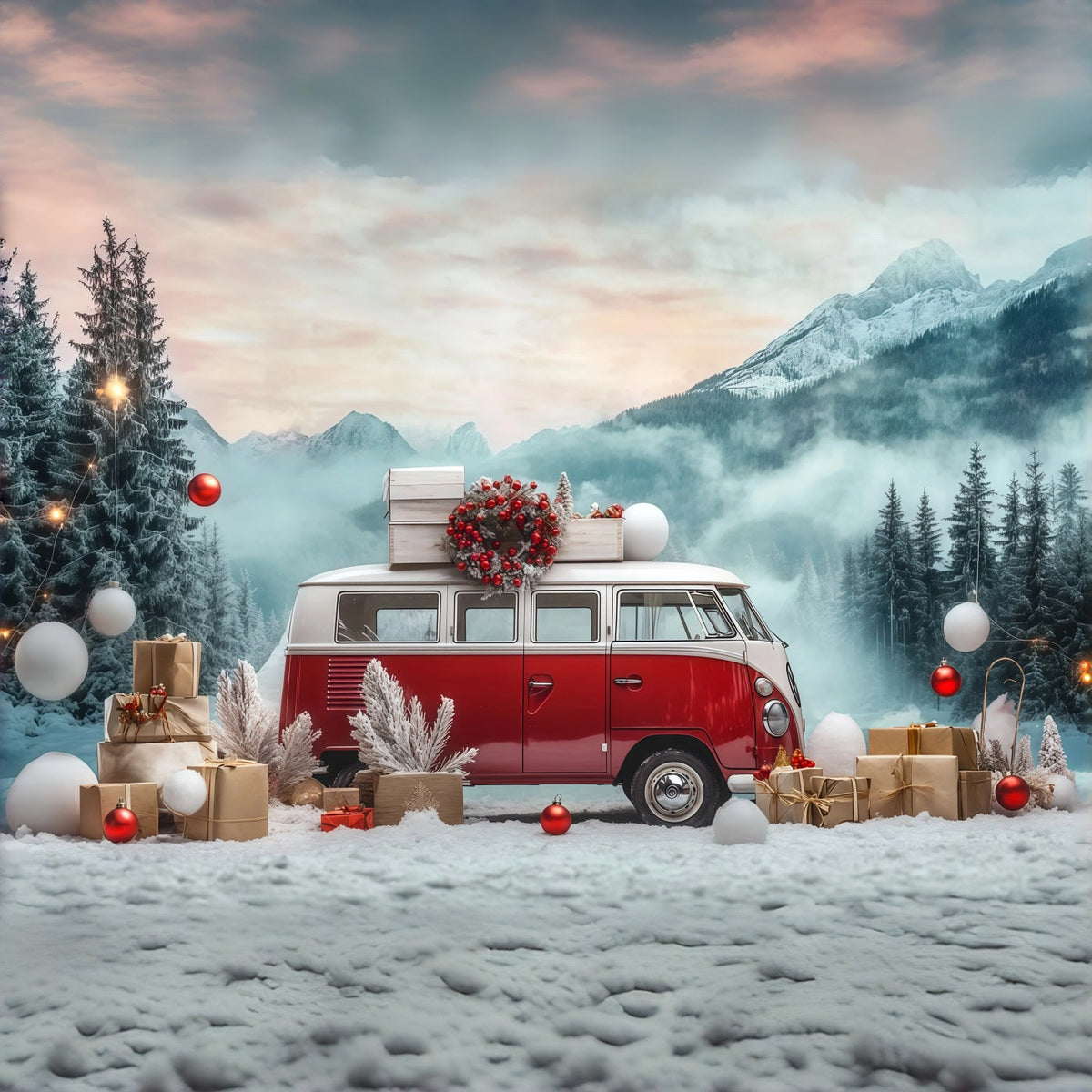 Fond De Camion De Noël Camping-Car Vintage Enneigé Grand Décor De Noël RR68-73