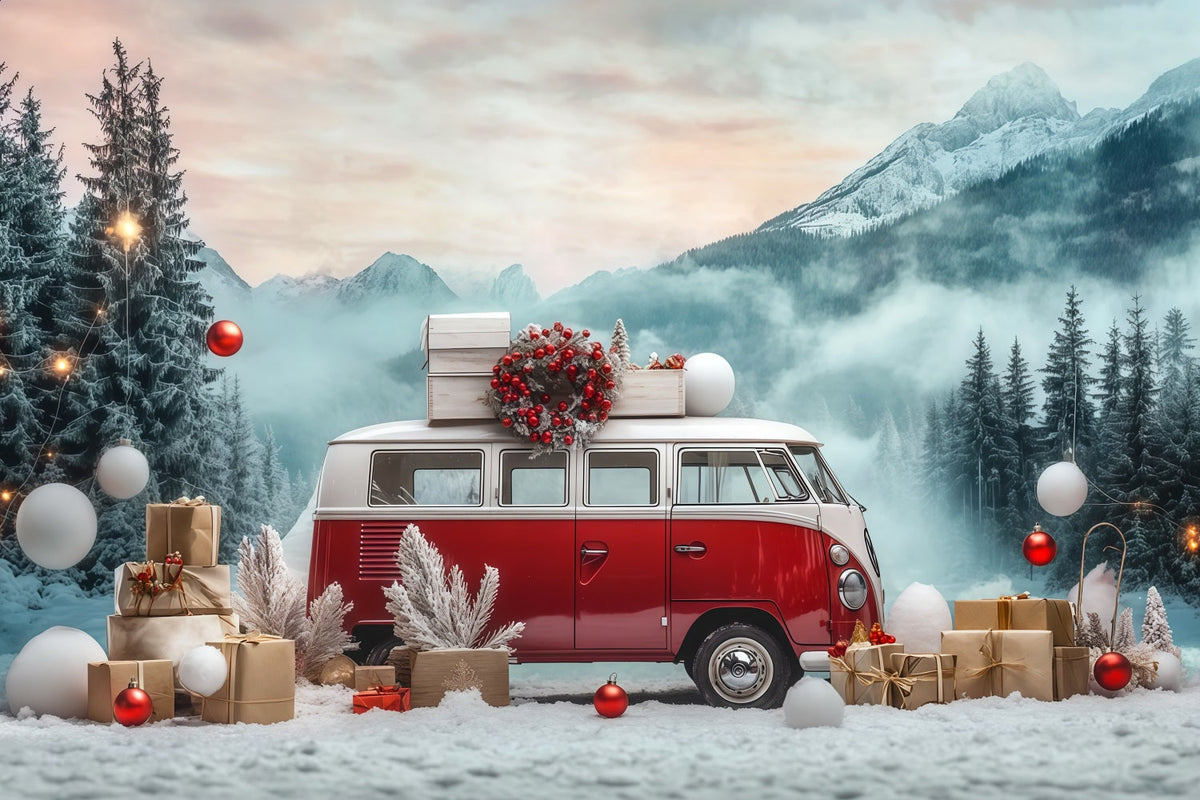 Fond De Camion De Noël Camping-Car Vintage Enneigé Grand Décor De Noël RR68-73