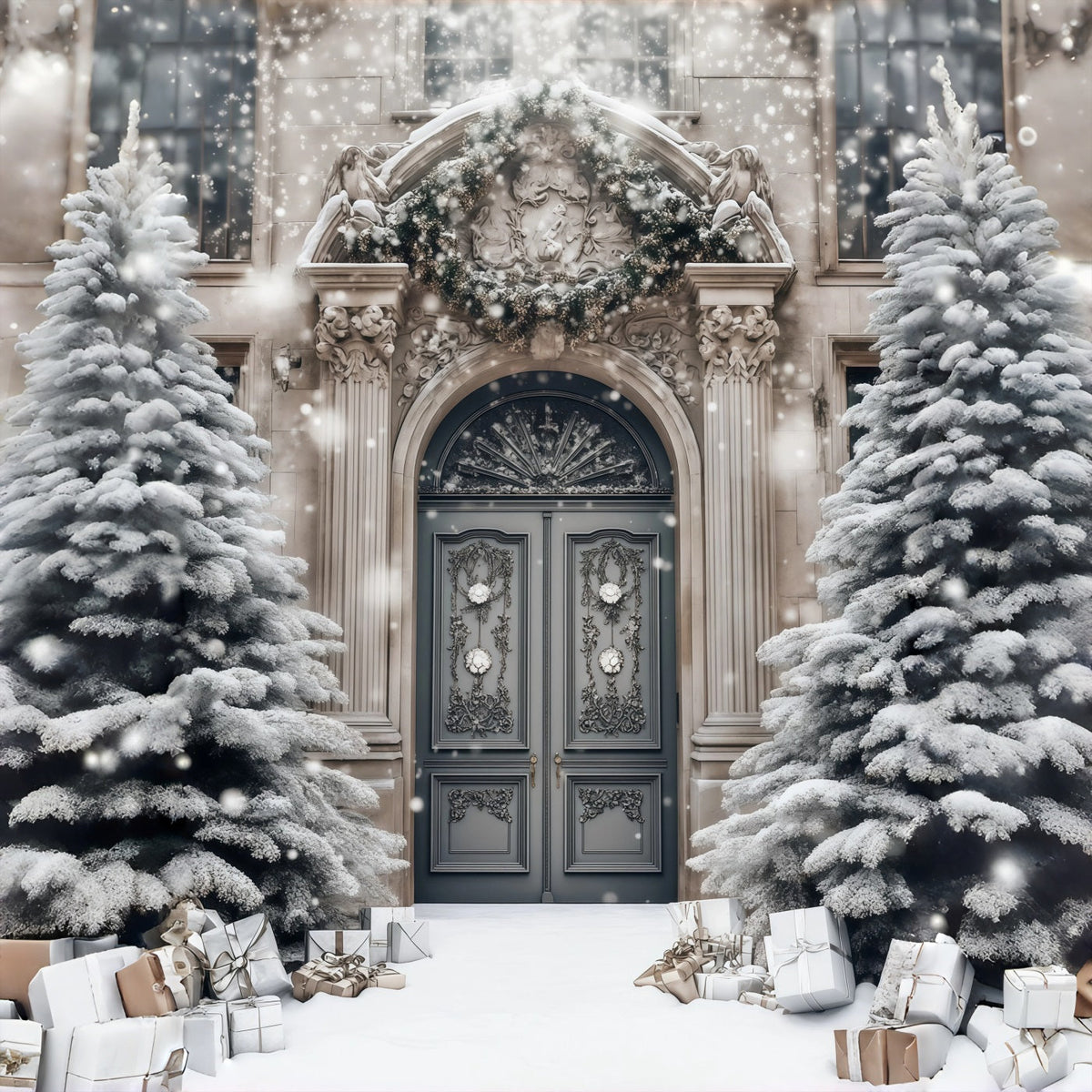 Décor De Noël Élégant Porte Du Manoir Enneigé Décors Photo De Noël RR68-77