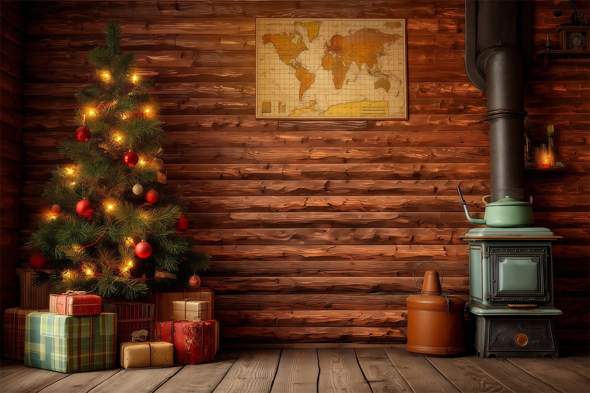 Décor De Noël Champêtre Intérieur De Cabane Rustique Fond Photographique De Noël RR68-80