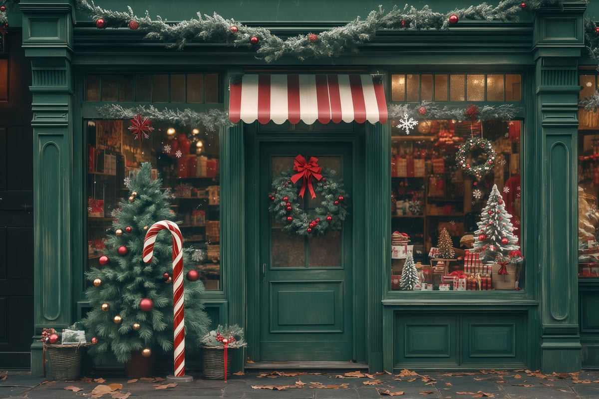 Décor De Magasin De Noël Décoration De Devanture Verte Fond Photo De Noël RR68-83