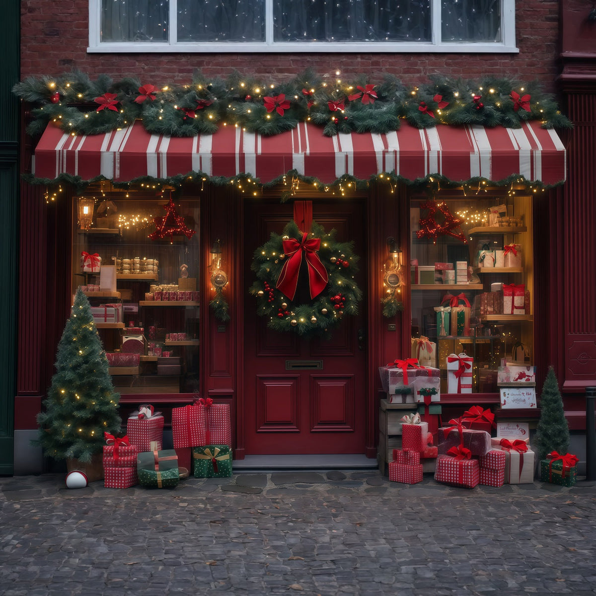 Décor De Magasin De Noël Façade De La Boutique De Cadeaux Couronne Rouge Fond En Mousseline De Noël RR68-89