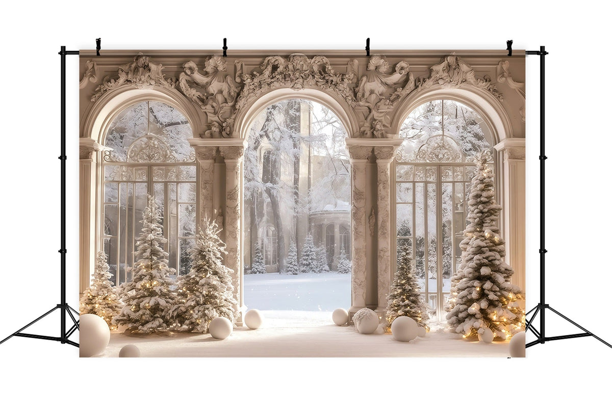 Décor De Noël Victorien Vue Depuis La Fenêtre Du Palais Enneigé Fond En Mousseline De Noël RR68-95