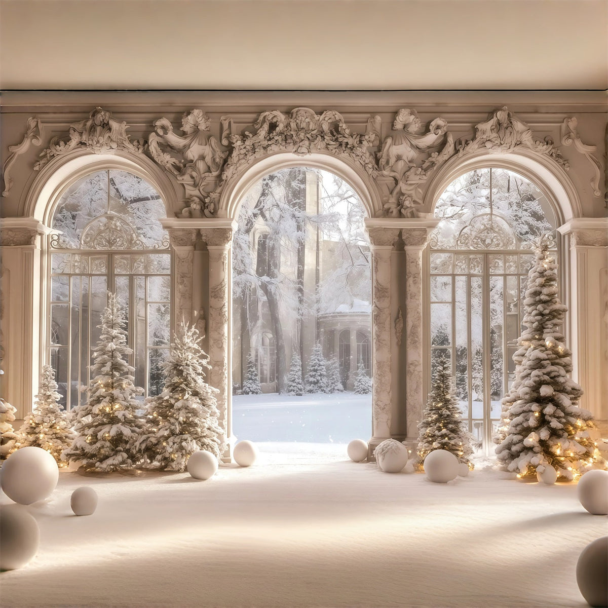 Décor De Noël Victorien Vue Depuis La Fenêtre Du Palais Enneigé Fond En Mousseline De Noël RR68-95
