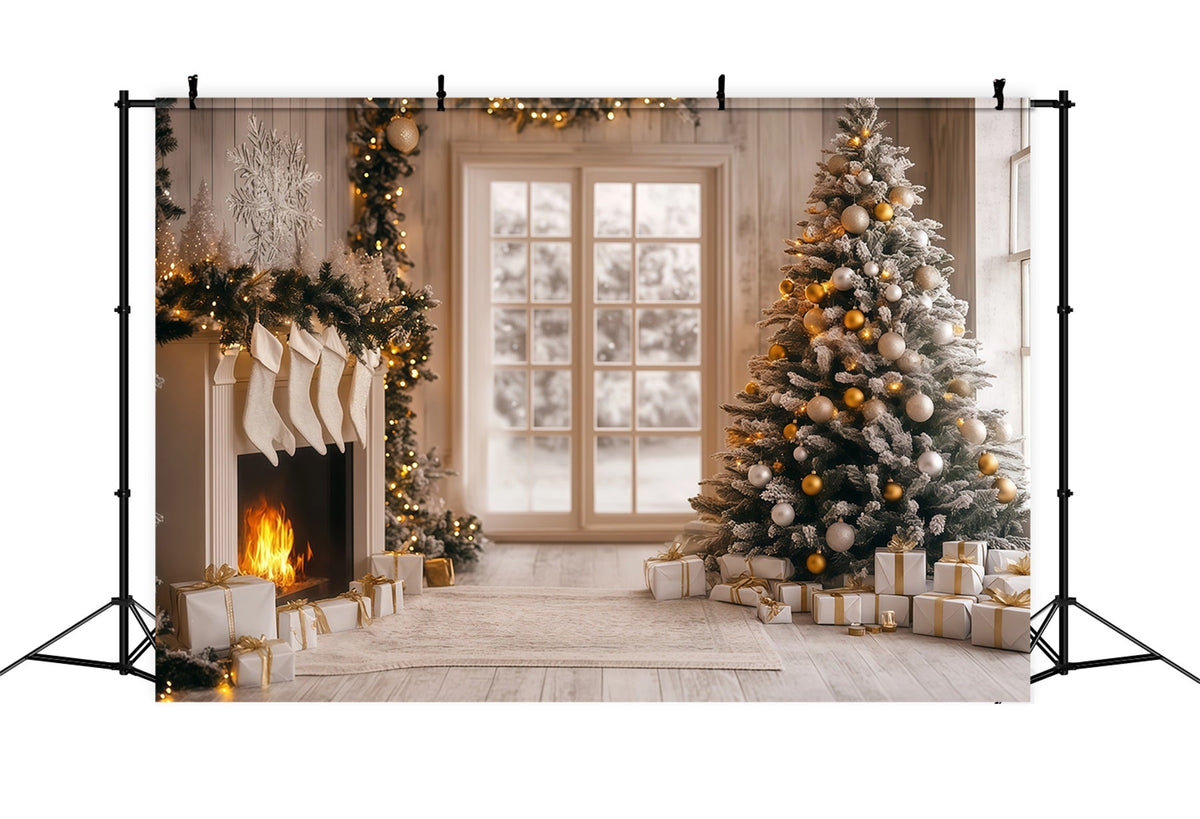 Décor De Noël Moderne Lueur Du Foyer En Or Blanc Décors Photographiques De Noël RR68-96