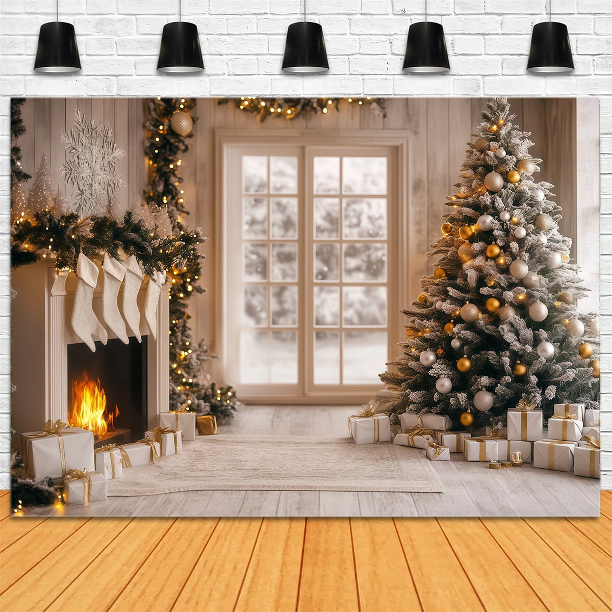Décor De Noël Moderne Lueur Du Foyer En Or Blanc Décors Photographiques De Noël RR68-96