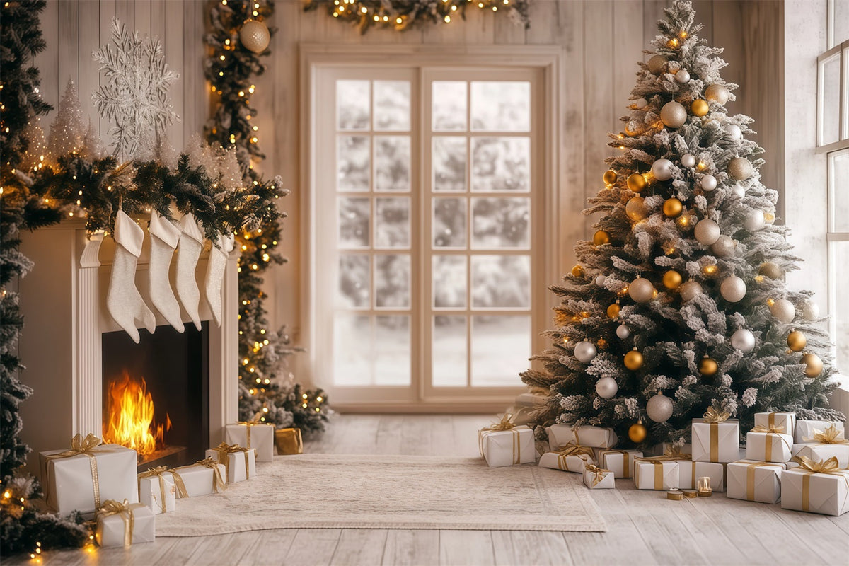 Décor De Noël Moderne Lueur Du Foyer En Or Blanc Décors Photographiques De Noël RR68-96