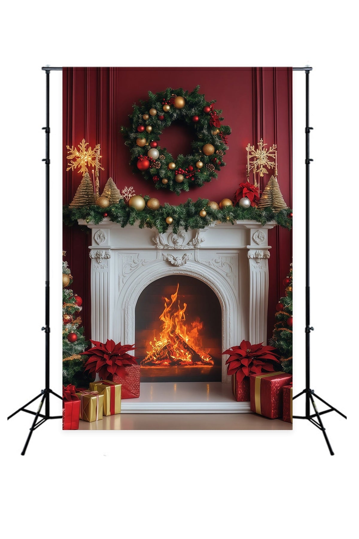 Décor De Cheminée Pour Noël Cheminée Élégante Avec Couronne Cramoisie Décors De Noël RR68-99