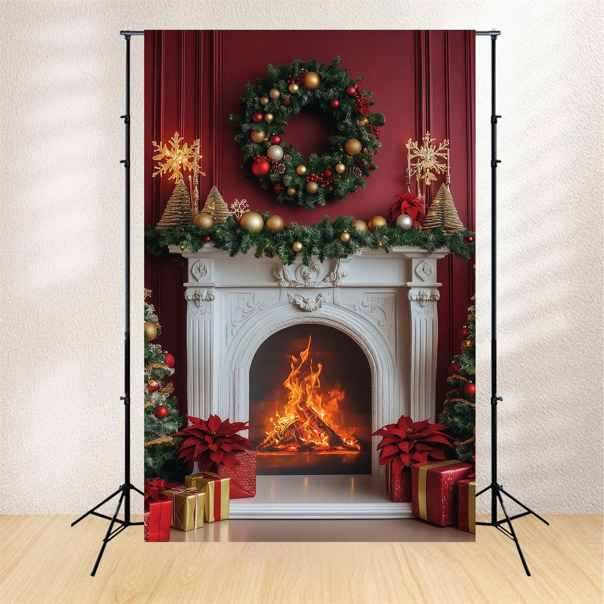 Décor De Cheminée Pour Noël Cheminée Élégante Avec Couronne Cramoisie Décors De Noël RR68-99