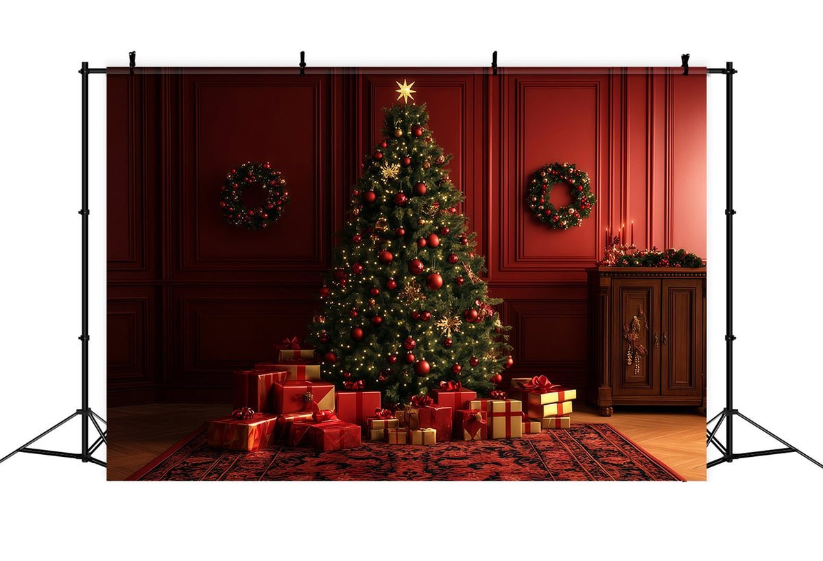 Fond Rouge De Noël Salle De Cadeaux De L'Arbre Lumineux Grand Décor De Noël RR69-10