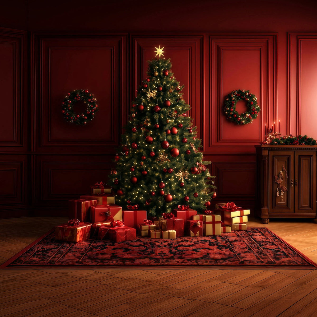 Fond Rouge De Noël Salle De Cadeaux De L'Arbre Lumineux Grand Décor De Noël RR69-10