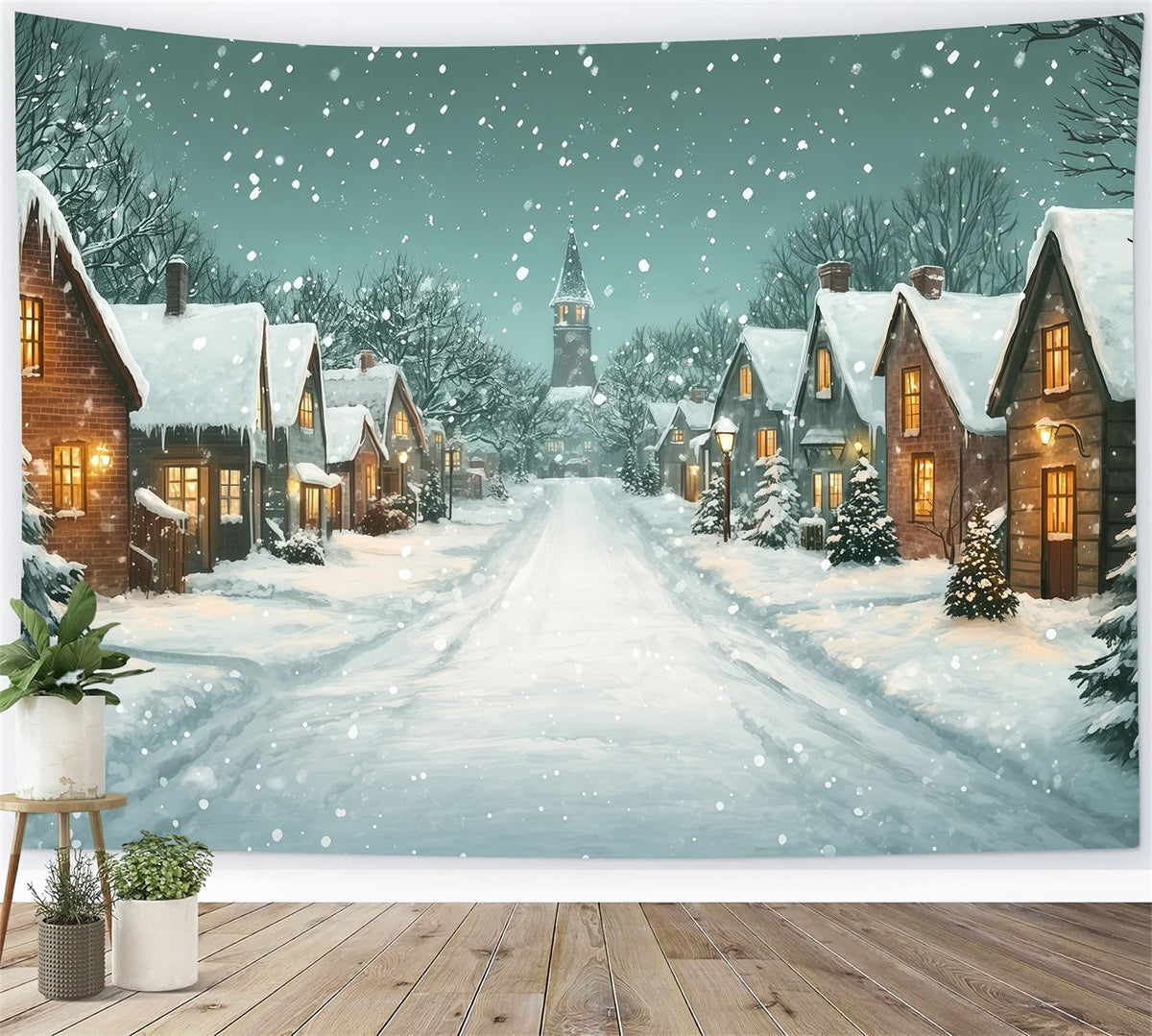 Décor De Rue De Noël Chemin De L'Église Du Village Enneigé Fond Photo De Noël RR69-100