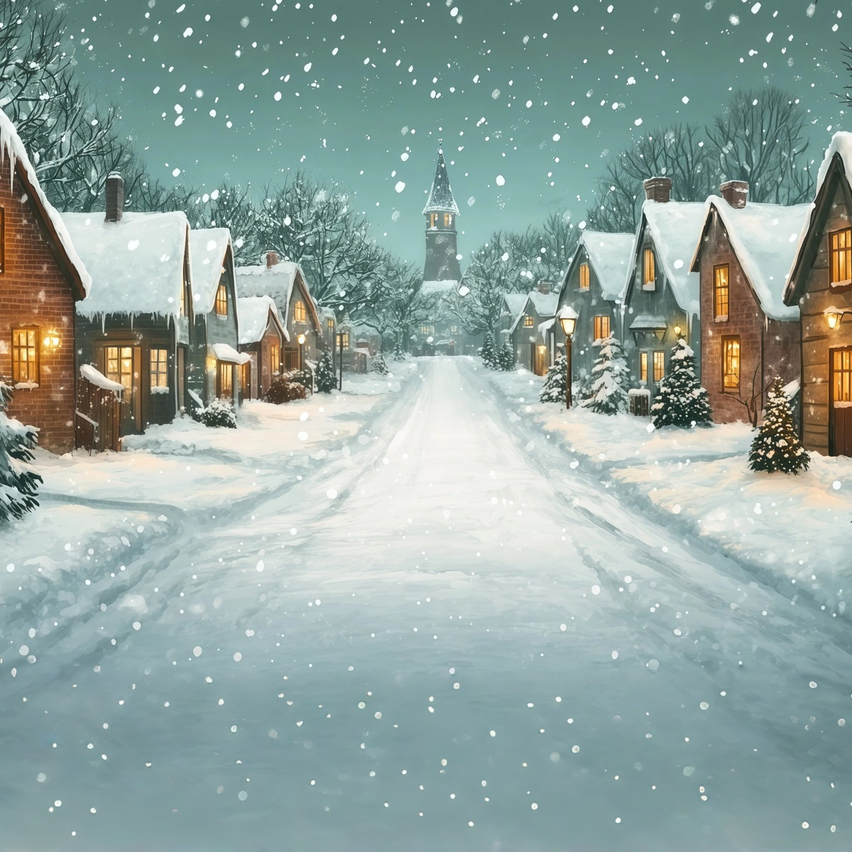 Décor De Rue De Noël Chemin De L'Église Du Village Enneigé Fond Photo De Noël RR69-100