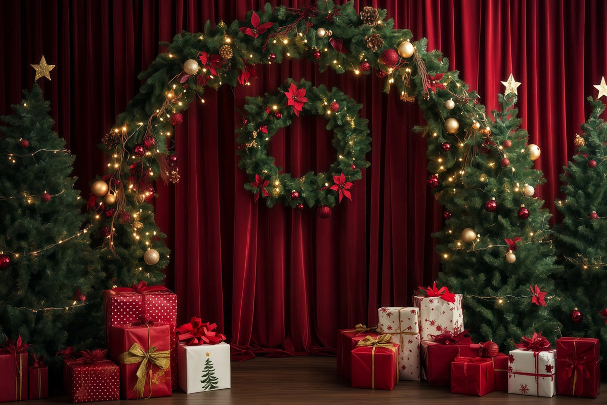 Fond Rouge De Noël Arche De Guirlande De Rideaux Grand Décor De Noël RR69-104