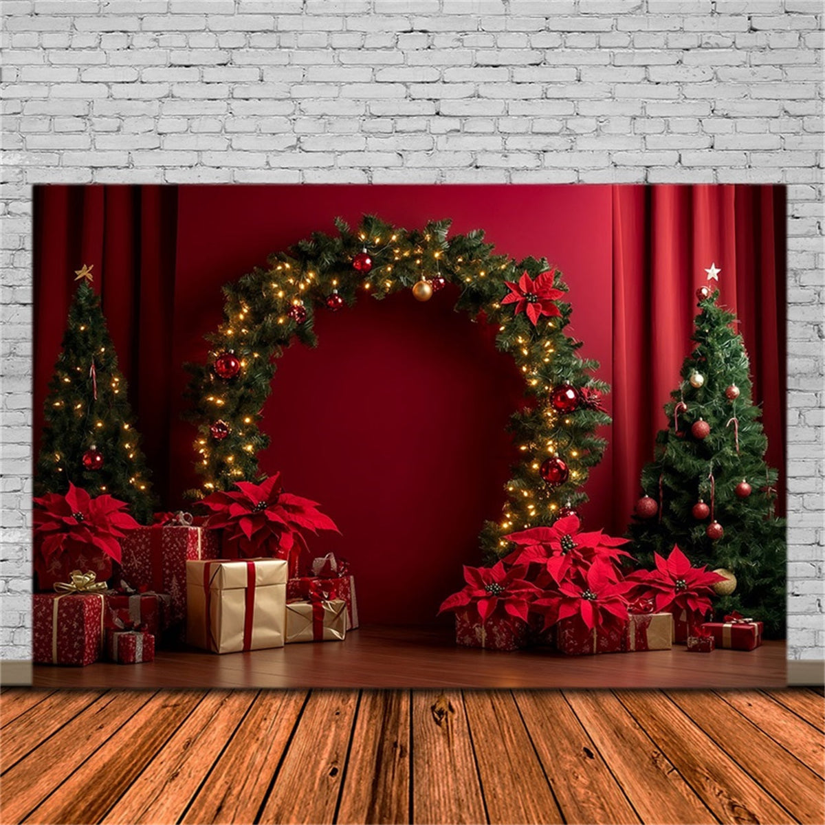 Fond Rouge De Noël Arche Décorée De Guirlandes De Poinsettias Décors De Noël RR69-105