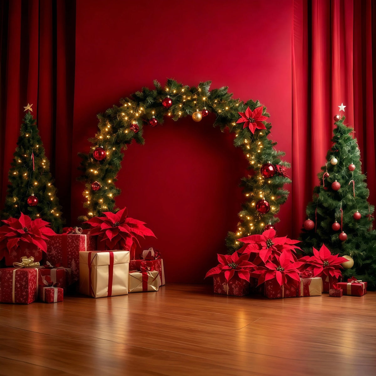 Fond Rouge De Noël Arche Décorée De Guirlandes De Poinsettias Décors De Noël RR69-105
