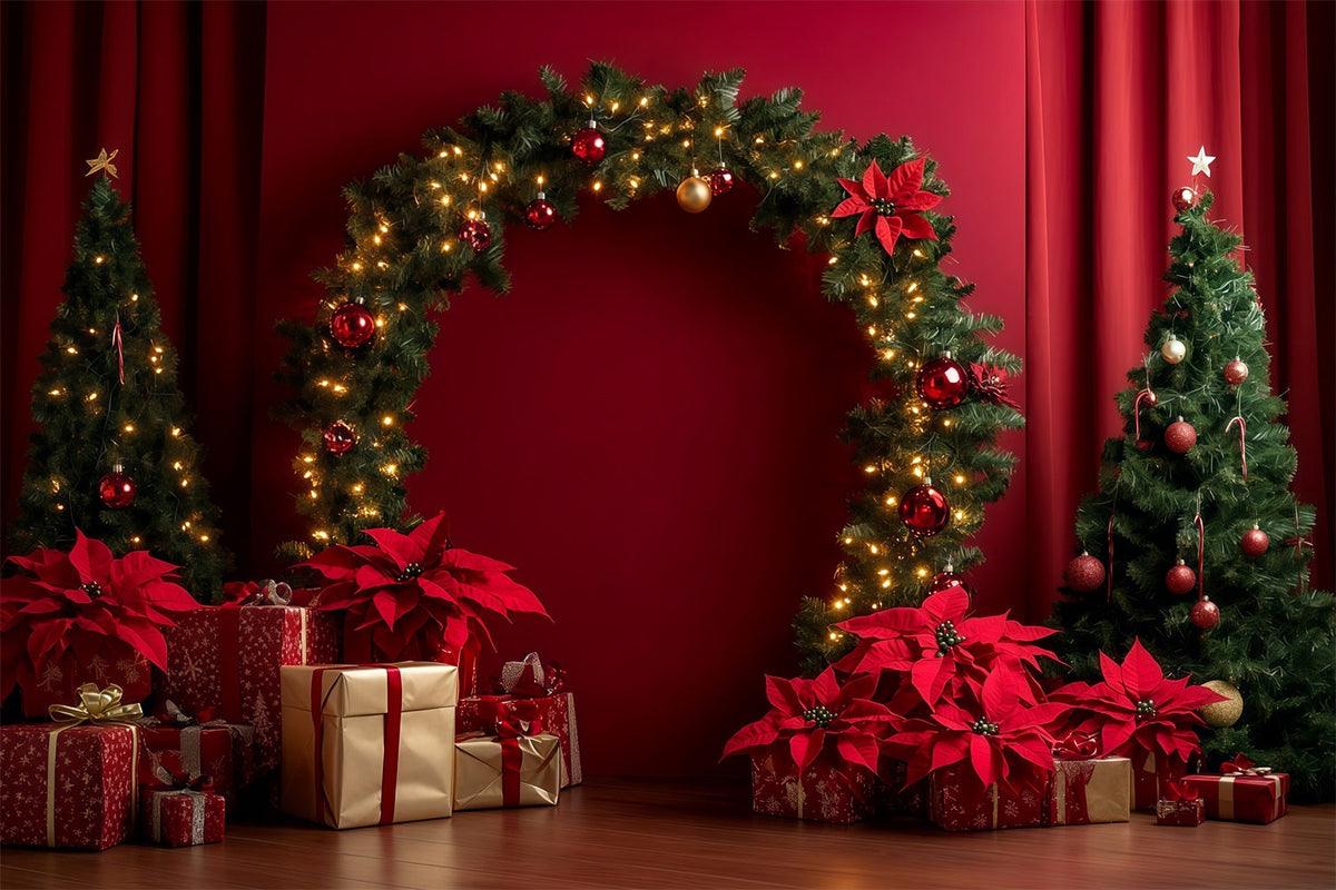 Fond Rouge De Noël Arche Décorée De Guirlandes De Poinsettias Décors De Noël RR69-105