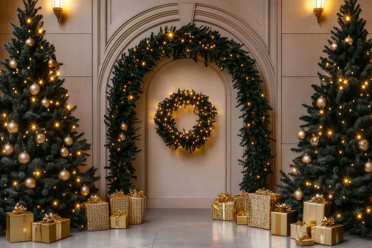 Fond De Décor De Noël Cadeau De L'Arche Dorée Décors Photographiques De Noël RR69-107