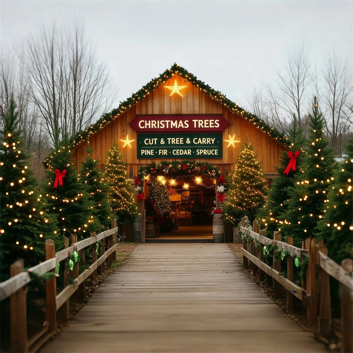 Décor De Ferme De Sapins De Noël Entrée De Porte De Grange Décors Muraux De Noël RR69-109