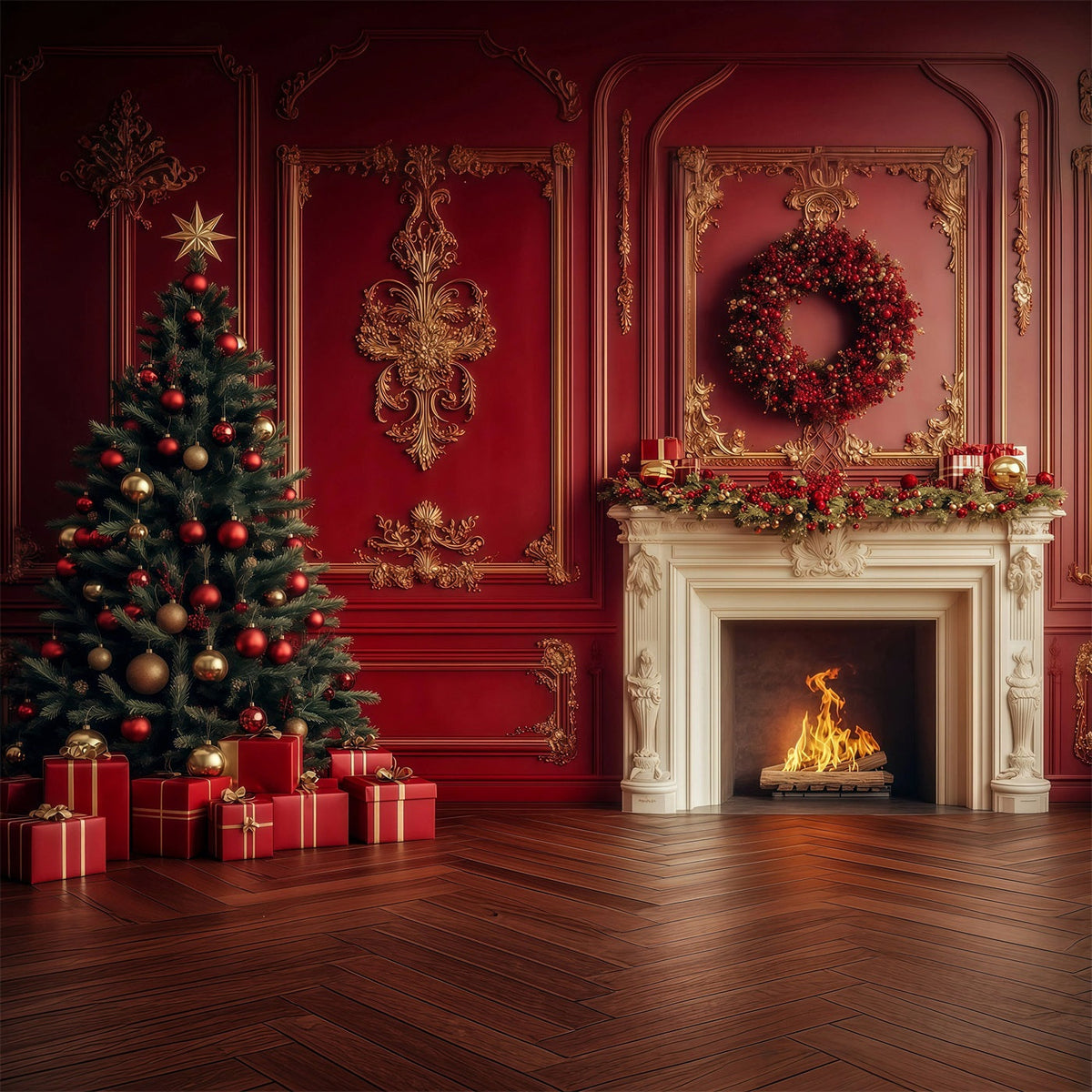 Fond De Cheminée De Noël Couronne De Cheminée Rouge Vintage Décors De Noël RR69-11