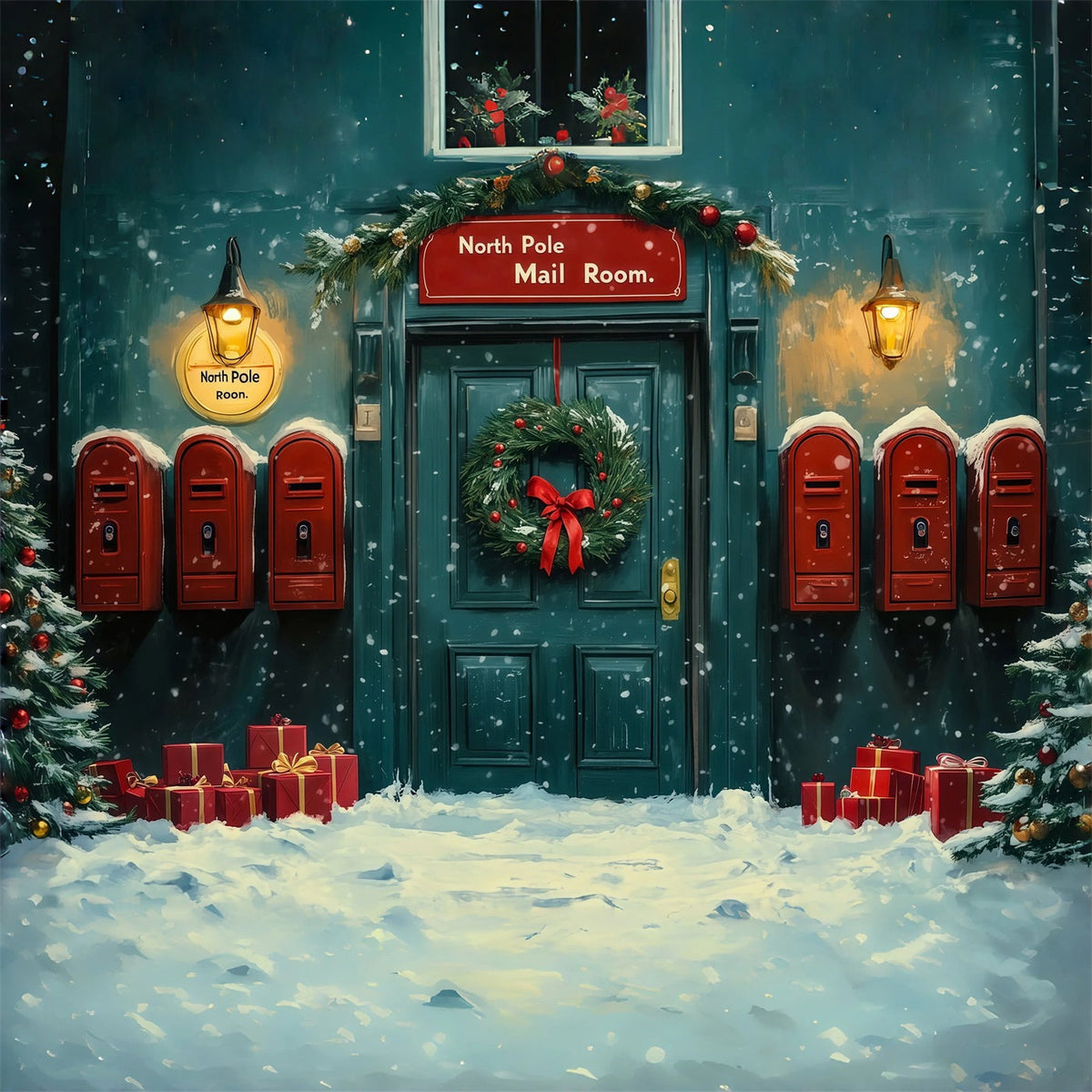 Décor De Noël Du Pôle Nord Porte De La Salle Du Courrier Enneigée Décors Photo De Noël RR69-14