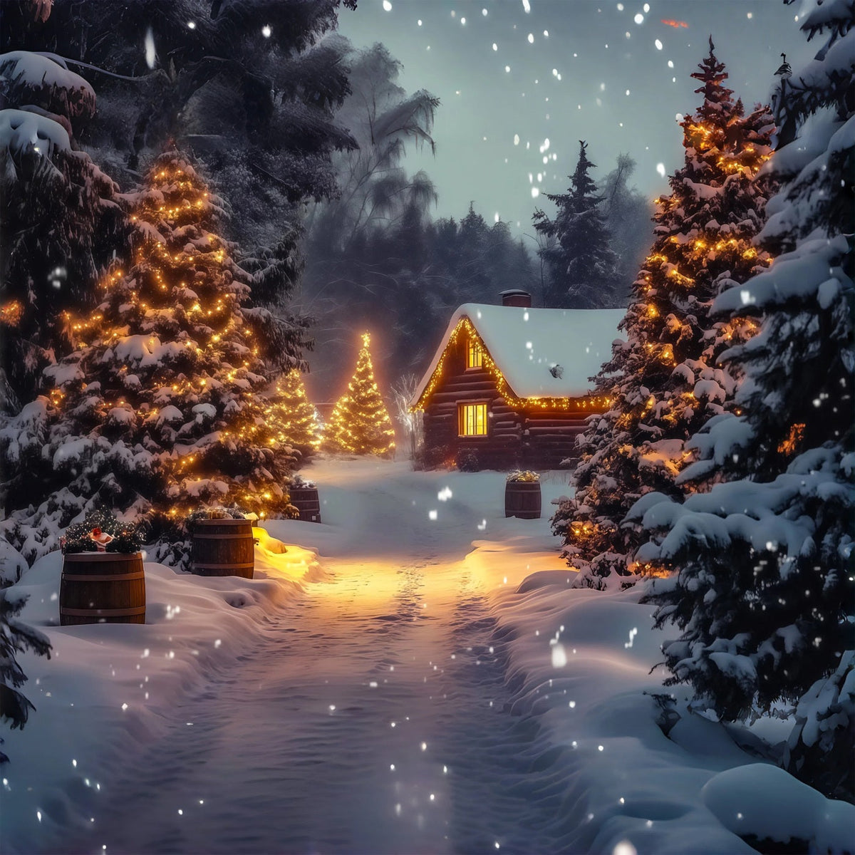Décor De Noël D'Hiver Chalet Chaleureux Aux Reflets De Pin Fond En Mousseline De Noël RR69-26