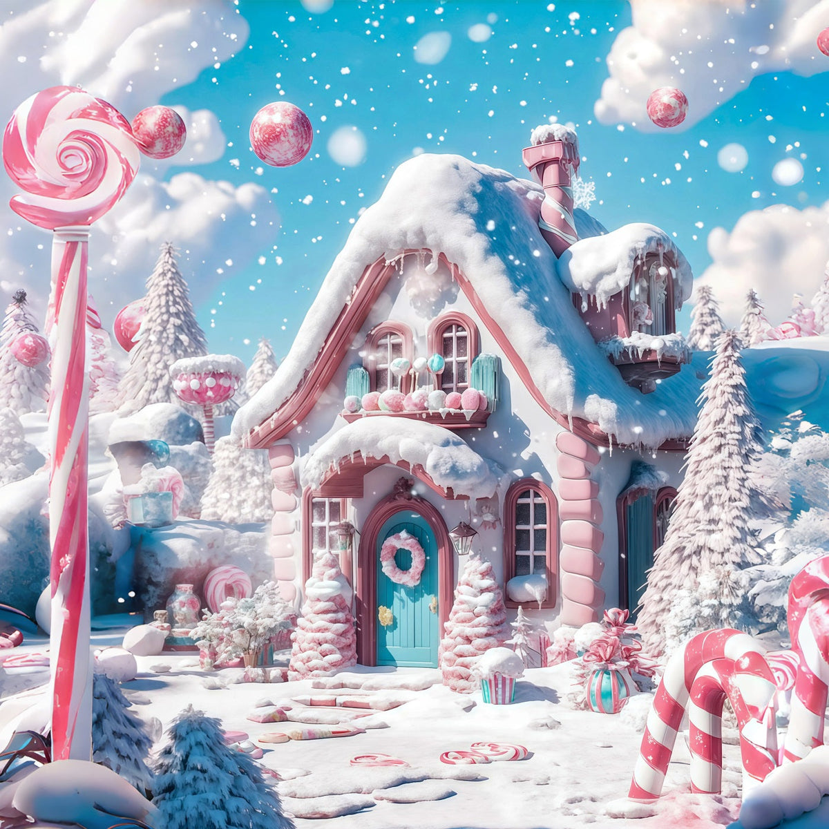 Décor De Noël Candyland Maison De Bonbons Rose Neigeux Fond De Noël Professionnel RR69-29