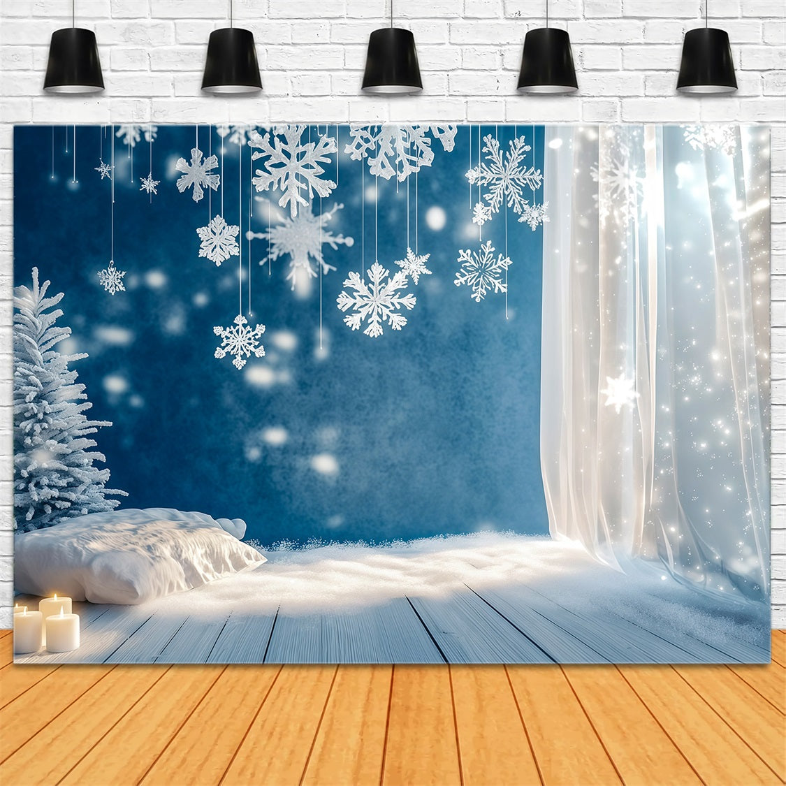 Fond De Noël Simple Rideau De Flocons De Neige Givrés Fond Mural De Noël RR69-30