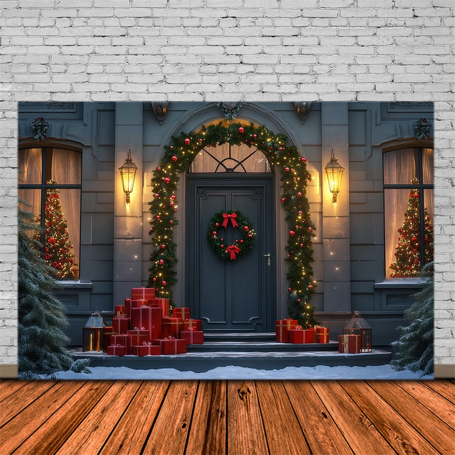 Décor De La Nuit De Noël Porte D'Entrée Élégante Ornée De Guirlandes Fond De Noël En Mousseline RR69-31