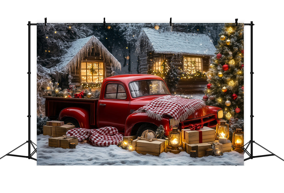 Fond De Camion De Noël Voiture Vintage Cabane En Forêt Fond En Mousseline De Noël RR69-32
