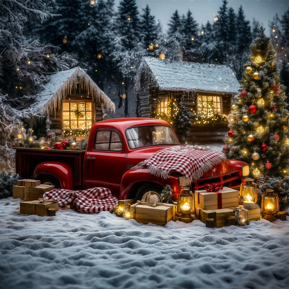 Fond De Camion De Noël Voiture Vintage Cabane En Forêt Fond En Mousseline De Noël RR69-32