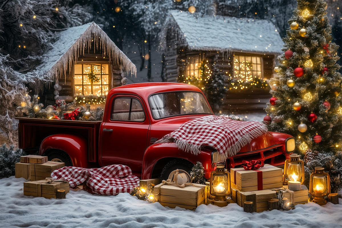 Fond De Camion De Noël Voiture Vintage Cabane En Forêt Fond En Mousseline De Noël RR69-32