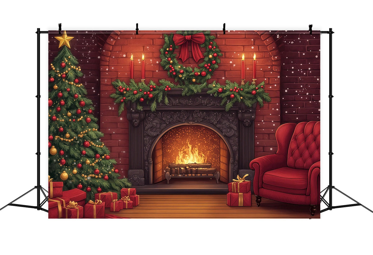 Joli Décor De Noël Cheminée En Briques, Guirlande Lumineuse Décors Photographiques De Noël RR69-33