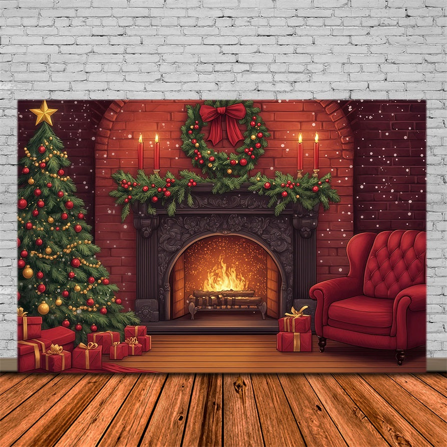 Joli Décor De Noël Cheminée En Briques, Guirlande Lumineuse Décors Photographiques De Noël RR69-33