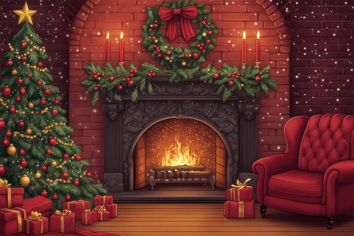 Joli Décor De Noël Cheminée En Briques, Guirlande Lumineuse Décors Photographiques De Noël RR69-33