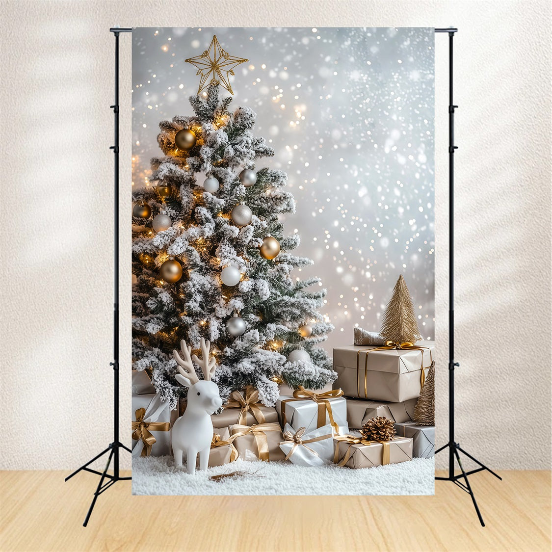 Fond Bokeh De Noël Présentoir À Cadeaux En Sapin Givré Toiles De Fond En Mousseline De Noël RR69-34