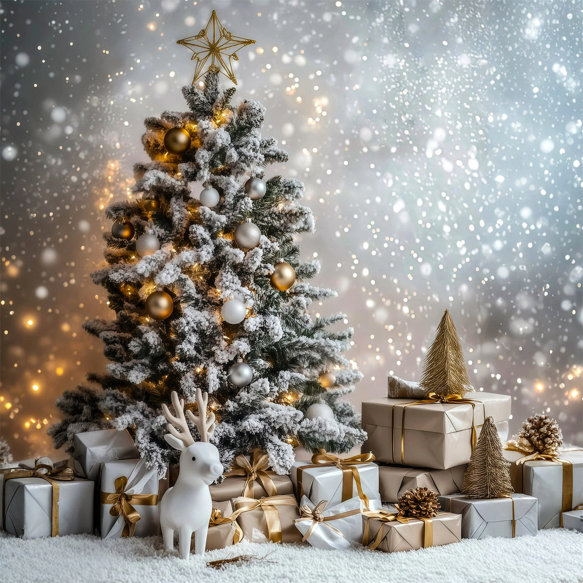 Fond Bokeh De Noël Présentoir À Cadeaux En Sapin Givré Toiles De Fond En Mousseline De Noël RR69-34