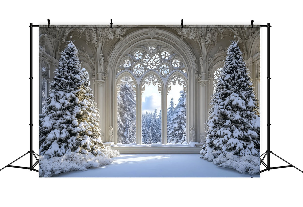 Fond De Sapin De Noël Forêt De Fenêtres Gothique Enneigée Décor De Noël RR69-35