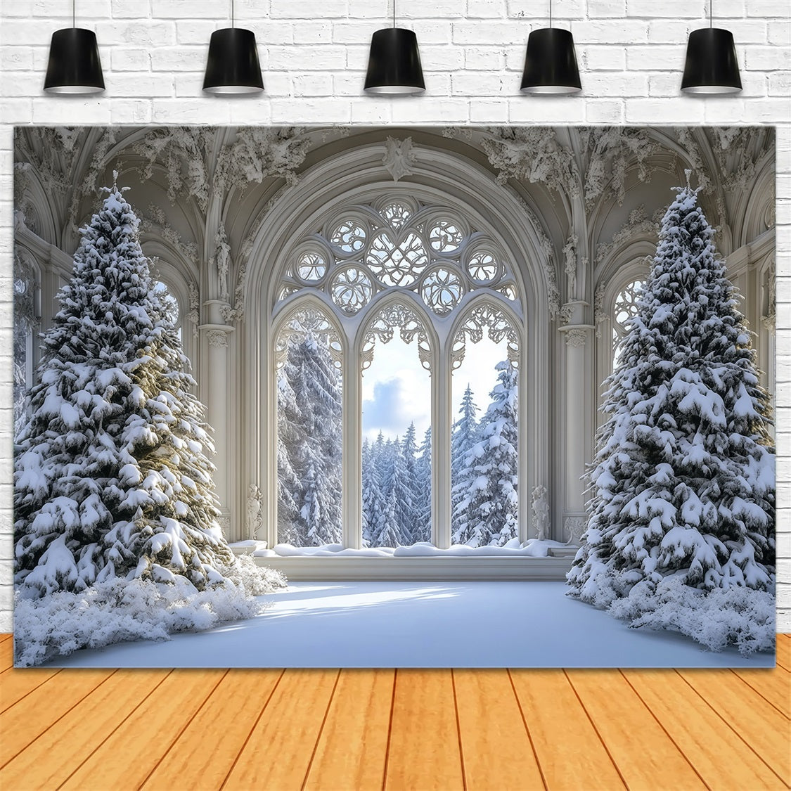 Fond De Sapin De Noël Forêt De Fenêtres Gothique Enneigée Décor De Noël RR69-35
