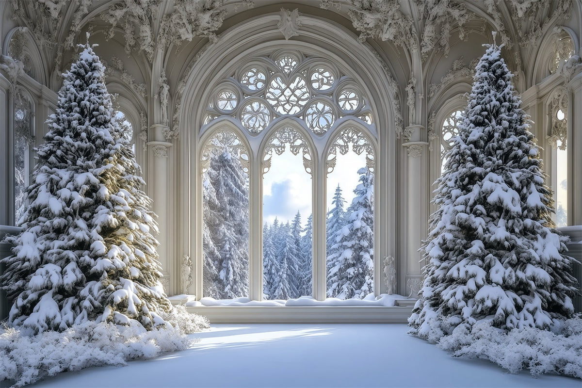 Fond De Sapin De Noël Forêt De Fenêtres Gothique Enneigée Décor De Noël RR69-35