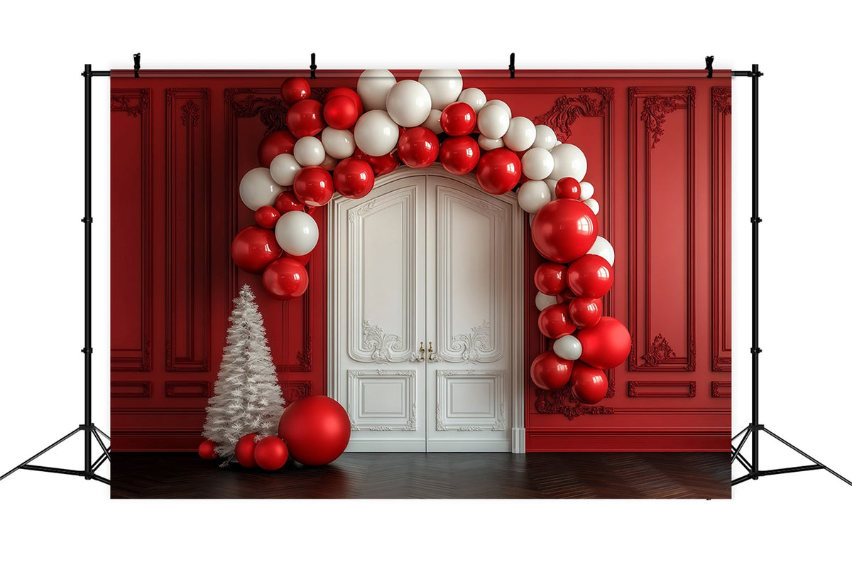 Arche De Ballons De Noël En Toile De Fond Mur Rouge, Porte Blanche, Entrée Décors De Noël RR69-36