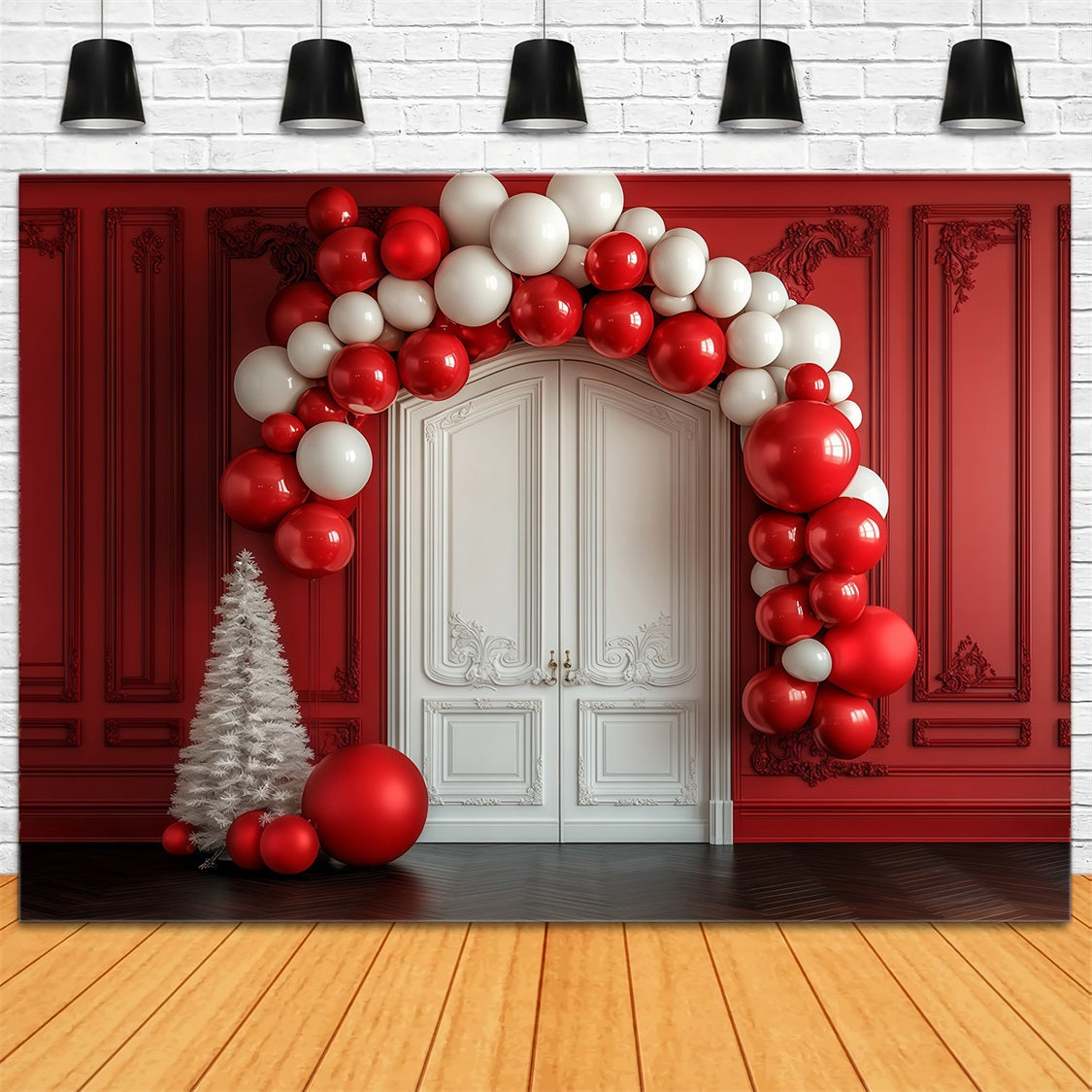Arche De Ballons De Noël En Toile De Fond Mur Rouge, Porte Blanche, Entrée Décors De Noël RR69-36