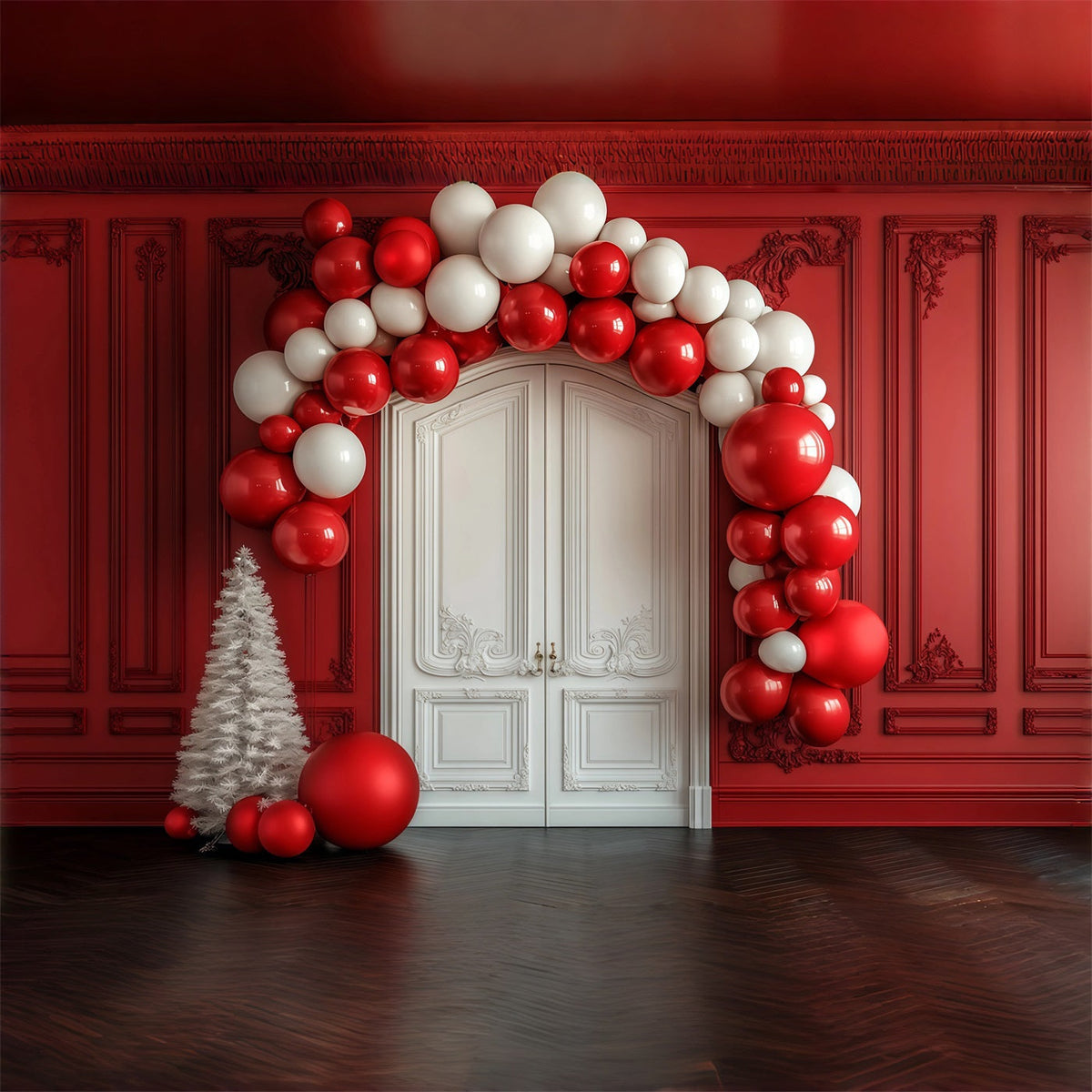 Arche De Ballons De Noël En Toile De Fond Mur Rouge, Porte Blanche, Entrée Décors De Noël RR69-36