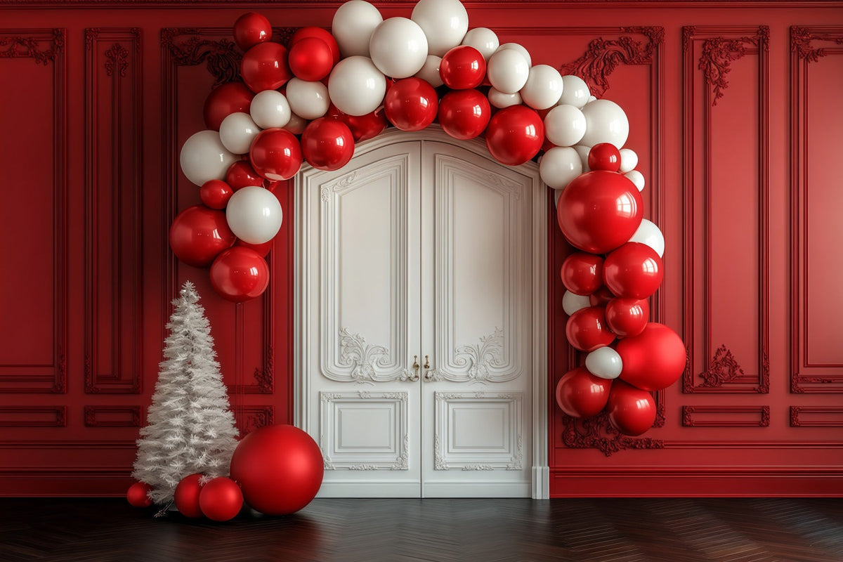 Arche De Ballons De Noël En Toile De Fond Mur Rouge, Porte Blanche, Entrée Décors De Noël RR69-36
