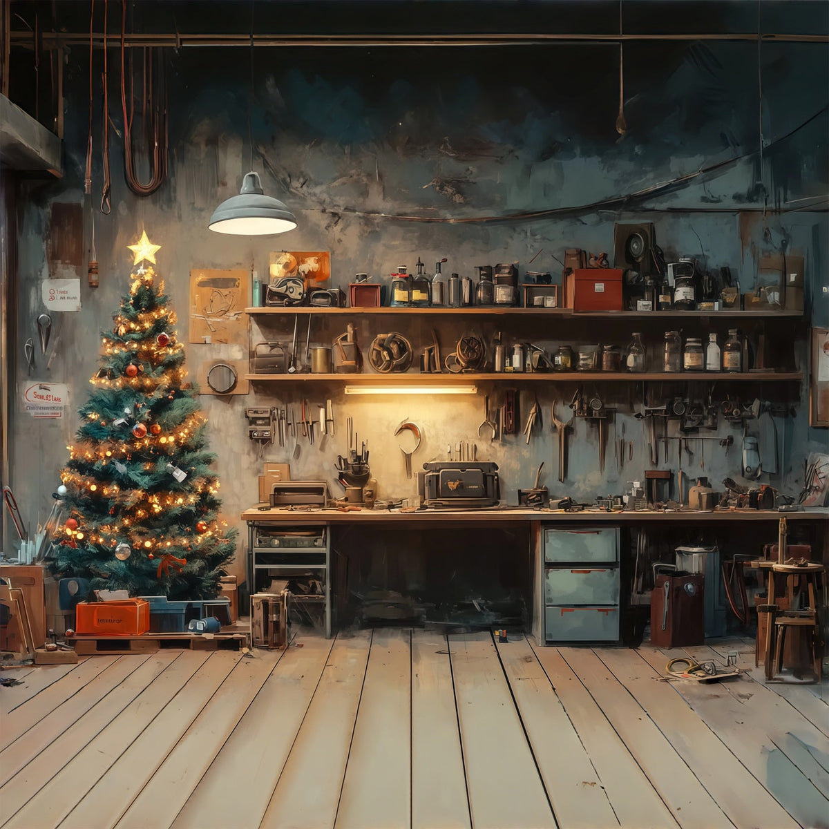 Décor De L'Atelier Du Père Noël Coin Rustique Avec Arbre Décors De Noël Professionnels RR69-4