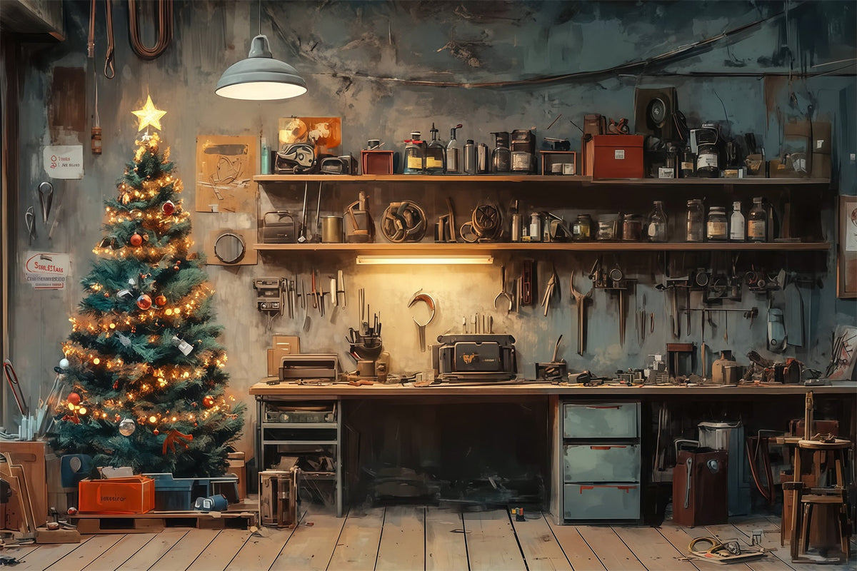 Décor De L'Atelier Du Père Noël Coin Rustique Avec Arbre Décors De Noël Professionnels RR69-4